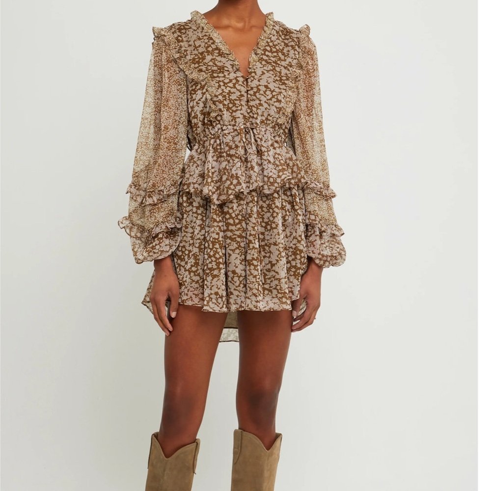 OPT Mini Dress Floral V-Neck Ruffles Sheer Balloon Sleeve Tiered Floral Party